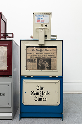 THE NEWS<br />
1991 Ongoing<br />Series of Fully Operational New York City Newspaper Dispensers, Available for Viewers to Use for the Duration of the Exhibition, Papers Updated on Daily/Weekly Basis by Appropriate News Agencies<br />
18 x 49 x 20 inches each