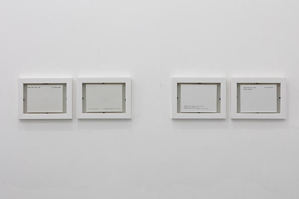 OPEN ART FAX LINE<br />
1992 Ongoing<br />Functioning Independent Fax/Phone Line Installed in Gallery for Duration of the Exhibition and Free/Open to the Public to Fax in Art/Commentary for Scatter Presentation on the Floor/2 Vitrines Displaying Faxes Received from Previous Installations<br />
Fax Machine: 10 x 14 x 19 inches<br />
Vitrines: 36 x 24 W x 139 inches Each<br />
Fax Scattering: Variable Dimensions