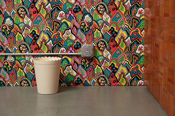 LSD WALLPAPER<br />
2019<br />Wallpaper Reproduced for Exhibition from the Powder Room of the Artist’s Mother, Lucy Sharp Dikeou, Designer Unknown, Design Estimated Era from the Late ‘60s<br />
Variable Dimensions