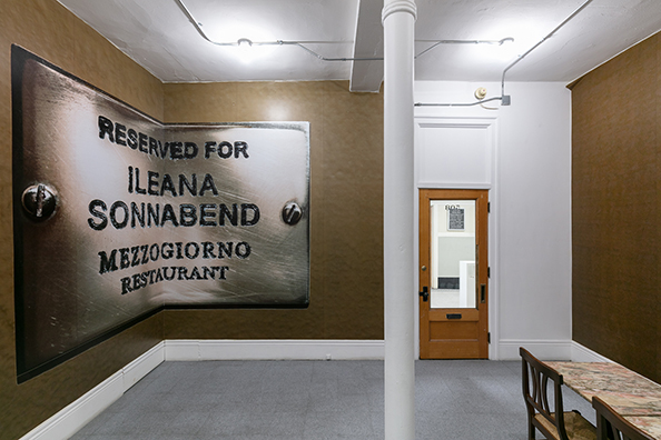 RESERVED FOR LEO CASTELLI, SINCE CEZANNE (After Clive Bell)” and “RESERVED FOR ILEANA SONNABEND, ‘BUDDHA OR MACHIAVELLI’ (Brenda Richardson about Sonnabend as quoted by Calvin Tomkins—The New Yorker)<br />
2010 Ongoing<br />Vinyl Wall Murals of Plaques Reserving Tables in Perpetuity for the Preeminent Art Dealers Leo Castelli and Ileana Sonnabend