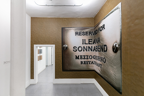 RESERVED FOR LEO CASTELLI, SINCE CEZANNE (After Clive Bell)” and “RESERVED FOR ILEANA SONNABEND, ‘BUDDHA OR MACHIAVELLI’ (Brenda Richardson about Sonnabend as quoted by Calvin Tomkins—The New Yorker)<br />
2010 Ongoing<br />Vinyl Wall Murals of Plaques Reserving Tables in Perpetuity for the Preeminent Art Dealers Leo Castelli and Ileana Sonnabend