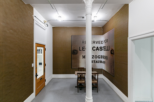 RESERVED FOR LEO CASTELLI, SINCE CEZANNE (After Clive Bell)” and “RESERVED FOR ILEANA SONNABEND, ‘BUDDHA OR MACHIAVELLI’ (Brenda Richardson about Sonnabend as quoted by Calvin Tomkins—The New Yorker)<br />
2010 Ongoing<br />Vinyl Wall Murals of Plaques Reserving Tables in Perpetuity for the Preeminent Art Dealers Leo Castelli and Ileana Sonnabend