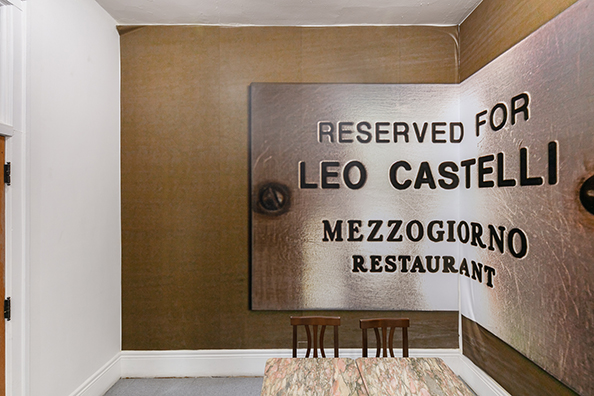 RESERVED FOR LEO CASTELLI, SINCE CEZANNE (After Clive Bell)” and “RESERVED FOR ILEANA SONNABEND, ‘BUDDHA OR MACHIAVELLI’ (Brenda Richardson about Sonnabend as quoted by Calvin Tomkins—The New Yorker)<br />
2010 Ongoing<br />Vinyl Wall Murals of Plaques Reserving Tables in Perpetuity for the Preeminent Art Dealers Leo Castelli and Ileana Sonnabend