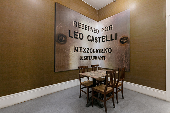 RESERVED FOR LEO CASTELLI, SINCE CEZANNE (After Clive Bell)” and “RESERVED FOR ILEANA SONNABEND, ‘BUDDHA OR MACHIAVELLI’ (Brenda Richardson about Sonnabend as quoted by Calvin Tomkins—The New Yorker)<br />
2010 Ongoing<br />Vinyl Wall Murals of Plaques Reserving Tables in Perpetuity for the Preeminent Art Dealers Leo Castelli and Ileana Sonnabend