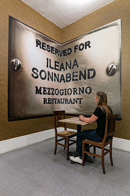 RESERVED FOR LEO CASTELLI, SINCE CEZANNE (After Clive Bell)” and “RESERVED FOR ILEANA SONNABEND, ‘BUDDHA OR MACHIAVELLI’ (Brenda Richardson about Sonnabend as quoted by Calvin Tomkins—The New Yorker)<br />
2010 Ongoing<br />Vinyl Wall Murals of Plaques Reserving Tables in Perpetuity for the Preeminent Art Dealers Leo Castelli and Ileana Sonnabend