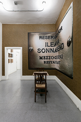 RESERVED FOR LEO CASTELLI, SINCE CEZANNE (After Clive Bell)” and “RESERVED FOR ILEANA SONNABEND, ‘BUDDHA OR MACHIAVELLI’ (Brenda Richardson about Sonnabend as quoted by Calvin Tomkins—The New Yorker)<br />
2010 Ongoing<br />Vinyl Wall Murals of Plaques Reserving Tables in Perpetuity for the Preeminent Art Dealers Leo Castelli and Ileana Sonnabend