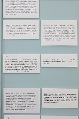 NINEY: THE NINEY TIMELINE<br />
2007 Ongoing<br />A Series of Sign Paintings Commissioned by the Artist to Record the Life and Times of Niney, Acrylic on Canvas <br />
Canvas Dimensions Vary Between 8 x 23, 12 x 23, 16 x 23,
20 x 23, and 24 x 23 inches