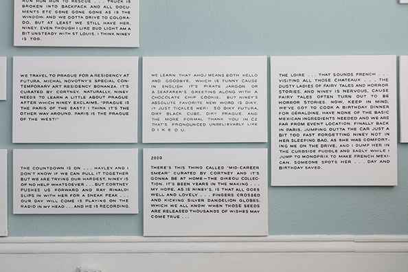 NINEY: THE NINEY TIMELINE<br />
2007 Ongoing<br />A Series of Sign Paintings Commissioned by the Artist to Record the Life and Times of Niney, Acrylic on Canvas <br />
Canvas Dimensions Vary Between 8 x 23, 12 x 23, 16 x 23,
20 x 23, and 24 x 23 inches
