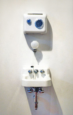 “COME YOU SPIRITS, WHICH TEND ON MORTAL THOUGHTS” - <i> Macbeth, </i> Shakespeare<br />
1993 Ongoing<br />
Functioning Kohler Sink, Soap Dispenser, and Air Dryer Installed in Gallery and Available for Viewers to Soap, Wash, and Dry Hands<br />
Variable Dimensions<br />
