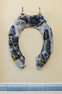 HORSESHOES, HAND GRENADES, AND DANCING<br />
2020 Ongoing<br />
Series of 3 Toilet Seats, Wrapped in Scott Toilet Paper Packaging, Mounted on Wall of Men’s Bathroom<br />
Variable Dimensions
