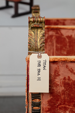 PRAY FOR ME –POPE FRANCIS I<br />
2014 Ongoing<br />
C-Prints of 17th Century Monk Chairs Positioned to Replicate One of 10 Painted Portraits of Popes and Reproduced to the Exact Dimensions of Each Cited Painting<br />
Variable Dimensions