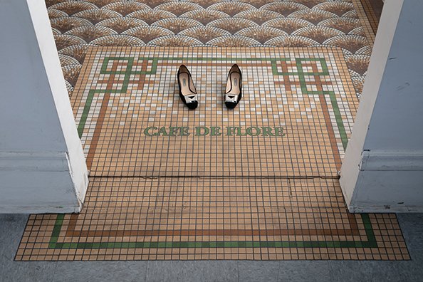LES DEUX MAGOTS ET CAFÉ DE FLORE: CHOICE<br />
2017<br />
2 Replicated Orientalist Sculptures Known for Their Prominence in the Parisian Society Café Known as Les Deux Magots; Hand Painted Tile Floor Pattern Replicated from Café de Flore<br />
Variable Dimensions
