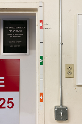 7-11 HIERARCHY<br />
1992 Ongoing<br />7-11 Security Height Tape Commercially Installed in Doorway so Witnesses Have the Opportunity to Speculate the Height of the Potential Perpetrators 1 or Gallery Goers<br />
78 inches