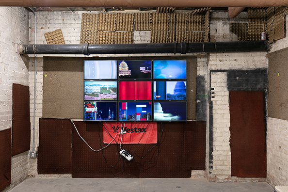THE NEWS TOO<br />
2019 Ongoing<br />9 Flatscreen TVs Displaying Background Graphics of 9 Popular American Cable News Broadcasts, Looped After 5-Minute Duration<br />
39.9 x 66.3 inches