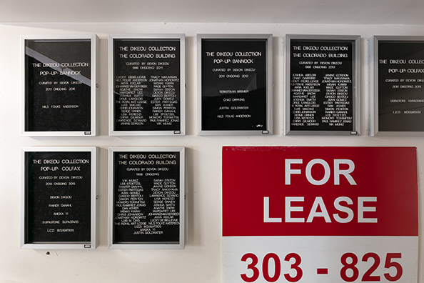 WHAT’S LOVE GOT TO DO WITH IT? (The Dikeou Collection)<br />
1991 Ongoing<br />Lobby Directory Boards Listing Artists, Curators, and Location of The Dikeou Collection for Given Dates (Series Initialized for the Founding of The Dikeou Collection—the Contemporary Art Collection that the Artist Founded and Curates—and Made for New Acquisitions Thereafter)<br />
18 x 24 inches each