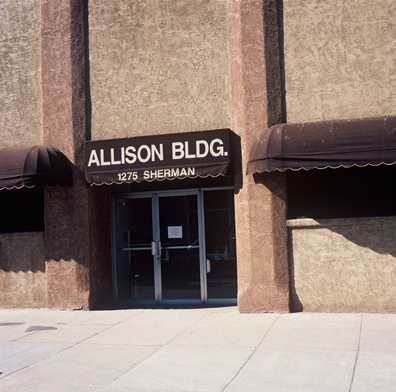 DISPLACED DENVER: THE ALLISON <br/>
2000 Ongoing <br/>
Cibachrome Print <br/>
Series of Denver Apartment Buildings Named After Famous Politicians, Artists, Landmarks, Neighborhoods, Beaches, Styles, Museums, Islands, Cocktails, Clothing, Pirates, Warriors, Automobiles, Restaurants, Race Tracks, Festivals, Writers, Cities, Explorers, Teams, Palaces, Stores, Poets, Song Writers, Hotels, Magazines, Fictional Places, Architectural Elements, Holidays, Etc <br/ >