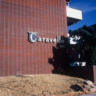 DISPLACED DENVER: LA CARAVELLE <br/>
2000 Ongoing <br/>
Cibachrome Print <br/>
Series of Denver Apartment Buildings Named After Famous Politicians, Artists, Landmarks, Neighborhoods, Beaches, Styles, Museums, Islands, Cocktails, Clothing, Pirates, Warriors, Automobiles, Restaurants, Race Tracks, Festivals, Writers, Cities, Explorers, Teams, Palaces, Stores, Poets, Song Writers, Hotels, Magazines, Fictional Places, Architectural Elements, Holidays, Etc <br/ >