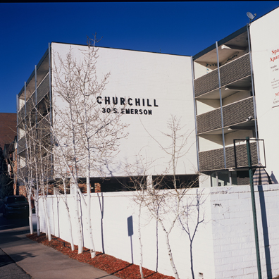 DISPLACED DENVER: THE CHURCHILL<br/>
2000 Ongoing <br/>
Cibachrome Print <br/>
Series of Denver Apartment Buildings Named After Famous Politicians, Artists, Landmarks, Neighborhoods, Beaches, Styles, Museums, Islands, Cocktails, Clothing, Pirates, Warriors, Automobiles, Restaurants, Race Tracks, Festivals, Writers, Cities, Explorers, Teams, Palaces, Stores, Poets, Song Writers, Hotels, Magazines, Fictional Places, Architectural Elements, Holidays, Etc <br/ >