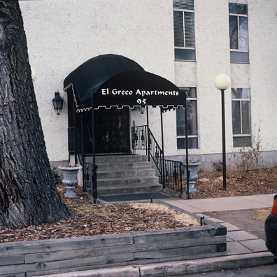 DISPLACED DENVER: THE EL GRECO<br/>
2000 Ongoing <br/>
Cibachrome Print <br/>
Series of Denver Apartment Buildings Named After Famous Politicians, Artists, Landmarks, Neighborhoods, Beaches, Styles, Museums, Islands, Cocktails, Clothing, Pirates, Warriors, Automobiles, Restaurants, Race Tracks, Festivals, Writers, Cities, Explorers, Teams, Palaces, Stores, Poets, Song Writers, Hotels, Magazines, Fictional Places, Architectural Elements, Holidays, Etc <br/ >