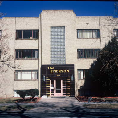 DISPLACED DENVER: THE EMERSON <br/>
2000 Ongoing <br/>
Cibachrome Print <br/>
Series of Denver Apartment Buildings Named After Famous Politicians, Artists, Landmarks, Neighborhoods, Beaches, Styles, Museums, Islands, Cocktails, Clothing, Pirates, Warriors, Automobiles, Restaurants, Race Tracks, Festivals, Writers, Cities, Explorers, Teams, Palaces, Stores, Poets, Song Writers, Hotels, Magazines, Fictional Places, Architectural Elements, Holidays, Etc <br/ >