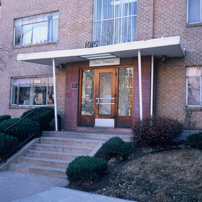 DISPLACED DENVER: THE EMILY DICKINSON<br/>
2000 Ongoing <br/>
Cibachrome Print <br/>
Series of Denver Apartment Buildings Named After Famous Politicians, Artists, Landmarks, Neighborhoods, Beaches, Styles, Museums, Islands, Cocktails, Clothing, Pirates, Warriors, Automobiles, Restaurants, Race Tracks, Festivals, Writers, Cities, Explorers, Teams, Palaces, Stores, Poets, Song Writers, Hotels, Magazines, Fictional Places, Architectural Elements, Holidays, Etc <br/ >