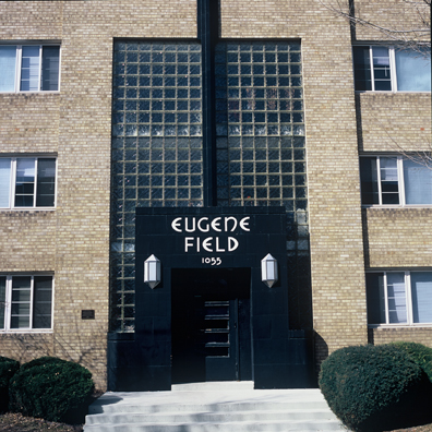 DISPLACED DENVER: THE EUGENE FIELD<br/>
2000 Ongoing <br/>
Cibachrome Print <br/>
Series of Denver Apartment Buildings Named After Famous Politicians, Artists, Landmarks, Neighborhoods, Beaches, Styles, Museums, Islands, Cocktails, Clothing, Pirates, Warriors, Automobiles, Restaurants, Race Tracks, Festivals, Writers, Cities, Explorers, Teams, Palaces, Stores, Poets, Song Writers, Hotels, Magazines, Fictional Places, Architectural Elements, Holidays, Etc <br/ >