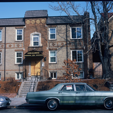 DISPLACED DENVER: THE GERALDINE<br/>
2000 Ongoing <br/>
Cibachrome Print <br/>
Series of Denver Apartment Buildings Named After Famous Politicians, Artists, Landmarks, Neighborhoods, Beaches, Styles, Museums, Islands, Cocktails, Clothing, Pirates, Warriors, Automobiles, Restaurants, Race Tracks, Festivals, Writers, Cities, Explorers, Teams, Palaces, Stores, Poets, Song Writers, Hotels, Magazines, Fictional Places, Architectural Elements, Holidays, Etc <br/ >