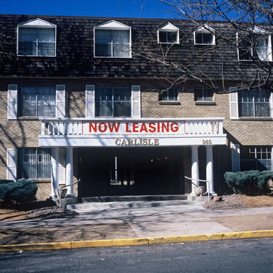 DISPLACED DENVER: THE CARLISLE<br/>
2000 Ongoing <br/>
Cibachrome Print <br/>
Series of Denver Apartment Buildings Named After Famous Politicians, Artists, Landmarks, Neighborhoods, Beaches, Styles, Museums, Islands, Cocktails, Clothing, Pirates, Warriors, Automobiles, Restaurants, Race Tracks, Festivals, Writers, Cities, Explorers, Teams, Palaces, Stores, Poets, Song Writers, Hotels, Magazines, Fictional Places, Architectural Elements, Holidays, Etc <br/ >