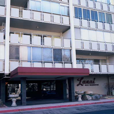 DISPLACED DENVER: THE LANAI<br/>
2000 Ongoing <br/>
Cibachrome Print <br/>
Series of Denver Apartment Buildings Named After Famous Politicians, Artists, Landmarks, Neighborhoods, Beaches, Styles, Museums, Islands, Cocktails, Clothing, Pirates, Warriors, Automobiles, Restaurants, Race Tracks, Festivals, Writers, Cities, Explorers, Teams, Palaces, Stores, Poets, Song Writers, Hotels, Magazines, Fictional Places, Architectural Elements, Holidays, Etc <br/ >