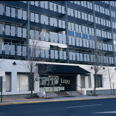 DISPLACED DENVER: THE LIDO<br/>
2000 Ongoing <br/>
Cibachrome Print <br/>
Series of Denver Apartment Buildings Named After Famous Politicians, Artists, Landmarks, Neighborhoods, Beaches, Styles, Museums, Islands, Cocktails, Clothing, Pirates, Warriors, Automobiles, Restaurants, Race Tracks, Festivals, Writers, Cities, Explorers, Teams, Palaces, Stores, Poets, Song Writers, Hotels, Magazines, Fictional Places, Architectural Elements, Holidays, Etc <br/ >