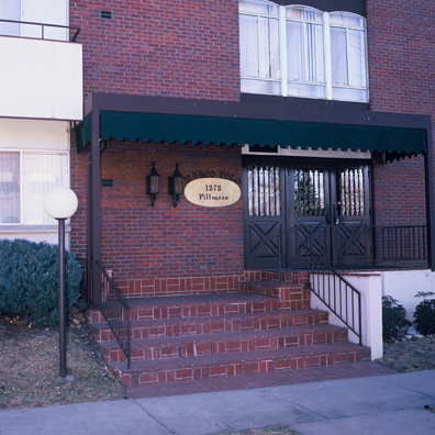 DISPLACED DENVER: THE MARCO POLO<br/>
2000 Ongoing <br/>
Cibachrome Print <br/>
Series of Denver Apartment Buildings Named After Famous Politicians, Artists, Landmarks, Neighborhoods, Beaches, Styles, Museums, Islands, Cocktails, Clothing, Pirates, Warriors, Automobiles, Restaurants, Race Tracks, Festivals, Writers, Cities, Explorers, Teams, Palaces, Stores, Poets, Song Writers, Hotels, Magazines, Fictional Places, Architectural Elements, Holidays, Etc <br/ >