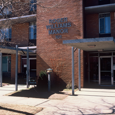 DISPLACED DENVER: THE ROGER WILLIAMS<br/>
2000 Ongoing <br/>
Cibachrome Print <br/>
Series of Denver Apartment Buildings Named After Famous Politicians, Artists, Landmarks, Neighborhoods, Beaches, Styles, Museums, Islands, Cocktails, Clothing, Pirates, Warriors, Automobiles, Restaurants, Race Tracks, Festivals, Writers, Cities, Explorers, Teams, Palaces, Stores, Poets, Song Writers, Hotels, Magazines, Fictional Places, Architectural Elements, Holidays, Etc <br/ >