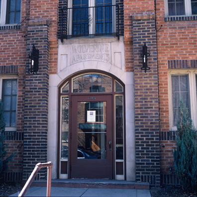 DISPLACED DENVER: THE WOLVERINE<br/>
2000 Ongoing <br/>
Cibachrome Print <br/>
Series of Denver Apartment Buildings Named After Famous Politicians, Artists, Landmarks, Neighborhoods, Beaches, Styles, Museums, Islands, Cocktails, Clothing, Pirates, Warriors, Automobiles, Restaurants, Race Tracks, Festivals, Writers, Cities, Explorers, Teams, Palaces, Stores, Poets, Song Writers, Hotels, Magazines, Fictional Places, Architectural Elements, Holidays, Etc <br/ >