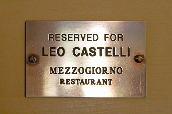 RESERVED FOR LEO CASTELLI: <i>SINCE CEZANNE</i> (After Clive Bell)<br />
2008 <br/>
C-Print of Name Plate Reserving a Table in Perpetuity for the Preeminent Art Dealer Leo Castelli<br />
Mounted between Non-Glare Plexiglas Surfaces<br />
28” x 18”<br />