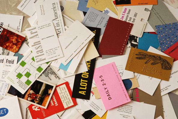 WE'D LIKE TO GET TO KNOW YOU <br/>
1991 Ongoing <br/>
Detail: Assorted Business Cards Gathered from an Installation <br/ >