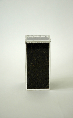 “ASPHALT JUNGLE”: PAY HERE <br/>
1991 Ongoing <br/>
Vertical View <br/>
Relic <br/ >
Plexiglas Box Filled with Asphalt <br />
2” x 2” x 4” <br/>