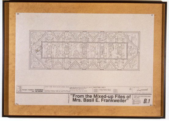 <i>FROM THE MIXED-UP FILES OF MRS BASIL E FRANKWEILER</i><br />
1997 Ongoing <br />
Wall: Black and White Architectural Drawing Superimposing the Sistine Chapel Ceiling with the Gallery Footprint, and Plotting in Color, the Exact Portion of the Sistine Chapel that Is Replicated in the Floor Drawing <br />