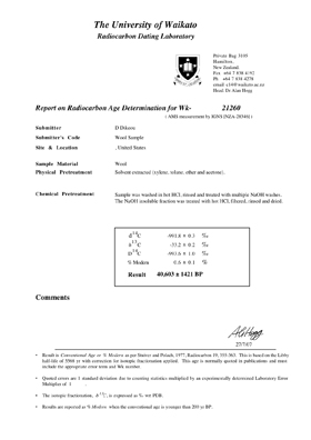 NINEY: CARBON DATING<br />
2007 <br />
1 of 4 Doucuments Citing the Carbon Dating Process Performed on Niney: Mounted on Sintra with Non-Glare Plexiglas Surface<br />
8 1/2” x 11” <br />