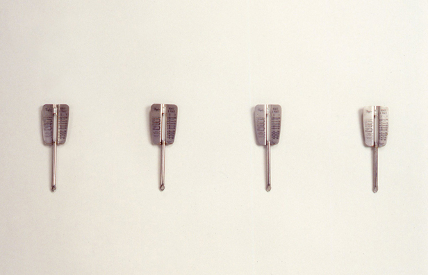 “ONE LITTLE PIGGY ATE ROAST BEEF, ONE LITTLE PIGGY HAD NONE” <br />
1991 Ongoing<br />
4 Meat Thermometers from the Cooking Process Displayed on Wall <br />
Happening: 100 Pounds of Roast Beef, Sliced, Served in Sandwiches, and Consumed in Variable Dimensions <br />
Relic of Happening <br />