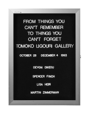 “WHAT'S LOVE GOT TO DO WITH IT?”<br />
From Things You Can't Remember, To Things You Can't Forget<br />
1991: Ongoing<br />
Lobby Directory Board Listing Artists, Gallery, Curators, Exhibition Titles, Dates Replicating the Lobby Directory Board at 420 West Broadway<br />
(Series Initialized for the 1st Group Show in which the Artist Exhibited, and Made for Every Group Show Thereafter)<br />
18” x 24”<br />