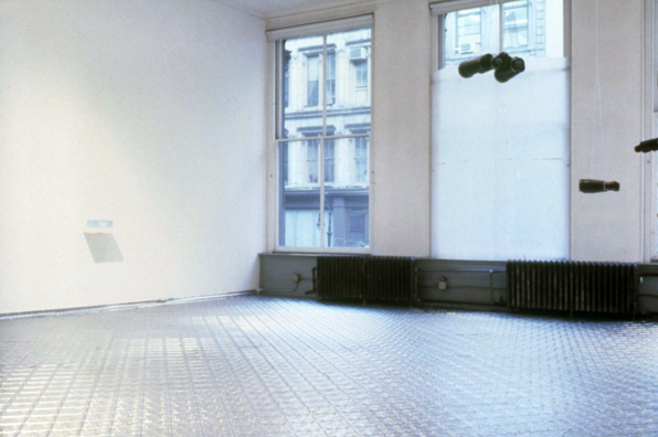 ONCE UPON A TIME... LANCE FUNG GALLERY<br />
1994 Ongoing<br />
Floor: American Prest-Plate Ceiling Tin Installed On Top of Gallery Floor Left for Viewers to Destroy through Abrasion with Actual Gallery Floor, Viewer Imprints, Tracks, and Traffic<br />
Variable Dimensions<br />