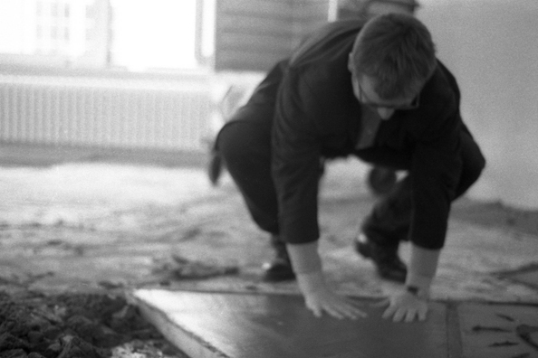 NORMA TALMADGE'S CHINESE THEATER: THE EUROPEAN LEG; KOLN<br />
1992 Ongoing<br />
Happening: Viewer's Immortalizing Themselves by Making Imprints in Fresh Cement in Homage to the Forgotten Silent Diva, Norma Talmadge, the Accidental Auteur of the Canonical Practice<br />
Photograph of Happening Displayed on Wall in Koln Tableau: “The Right of Way” (1914)<br />
4” x 6”<br />