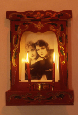 NORMA TALMADGE'S CHINESE THEATER: LA<br />
1992 Ongoing<br />
Detail: Chinese Altar, Publicity Photograph of Natalie and Norma Talmadge, Candles<br />
16” x 24” Each<br />