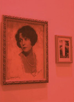 NORMA TALMADGE'S CHINESE THEATER: THE OFF BROADWAY REVIEW; NY<br />
1992 Ongoing<br />
Detail: NY Tableau<br />
Historic Autographed Photograph of Norma Talmadge and Viewer Photograph<br />
Variable Dimensions<br/>