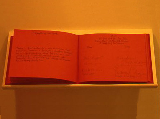 NORMA TALMADGE'S CHINESE THEATER: THE OFF BROADWAY REVIEW; NY<br />
1992 Ongoing<br />
Detail: Visitors' Book<br />
Contains the Plot Descriptions of All of Norma Talmadge's Feature Films, the Signatures of all the NY Viewers, and the Corresponding Viewer Chosen Title for Each of Their Respective Viewer Cement Imprints<br />
8 1/2” x 11”<br/>