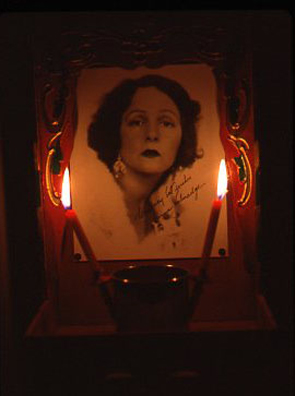 NORMA TALMADGE'S CHINESE THEATER: THE OFF BROADWAY REVIEW; NY<br />
1992 Ongoing<br />
Detail: Chinese Altar, Publicity Photo of Norma Talmadge, Candles<br />
16” x 24” Each<br />