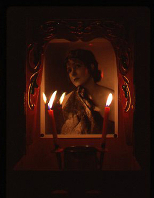 NORMA TALMADGE'S CHINESE THEATER: THE OFF BROADWAY REVIEW; NY<br />
1992 Ongoing<br />
Detail: Chinese Altar, Publicity Photo of Norma Talmadge, Candles<br />
16” x 24” Each<br />