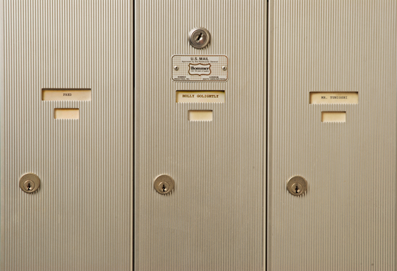 THE MAIL: HOLLY GOLIGHTLY<br />
1991 Ongoing <br />
Detail: 1, 3 Station Functioning Apartment Mailbox, Showing the Boxes of Fred, Holly Golightly, and Mr. Yunioshi <br />
Variable Dimensions <br/>
Unique Edition: 1 AP<br />