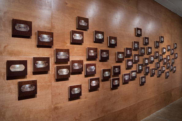 “MAMAS DON'T LET YOUR BABIES GROW UP TO BE COWBOYS”<br/>
2009 ongoing <br/>
Lateral View<br/>
Wall: 56 C-Prints of Name Plates Reserving Hotel Rooms in Perpetuity for 56 Jazz Legends Mounted on Wood with Non-Glare Plexiglas Surface and Installed on a Wall of Wood Paneling<br/>
C-Prints: 7 3/4” x 9 3/4” x 3/4” Each<br/>