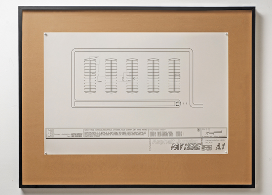 “ASPHALT JUNGLE”: PAY HERE; KOLN<br />
1991 Ongoing<br />
Wall: Black and White Architectural Drawing of an Abstract 100 Space Parking Lot Superimposed with an Architectural Drawing of the Gallery<br />
Edition: 2, 1 AP<br />